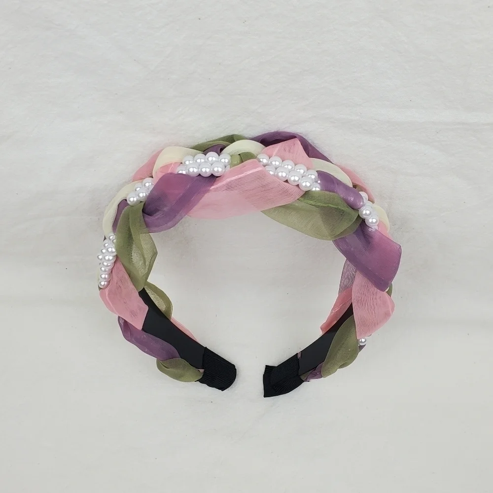 Faux pearl wide braided color block headband hair accessories